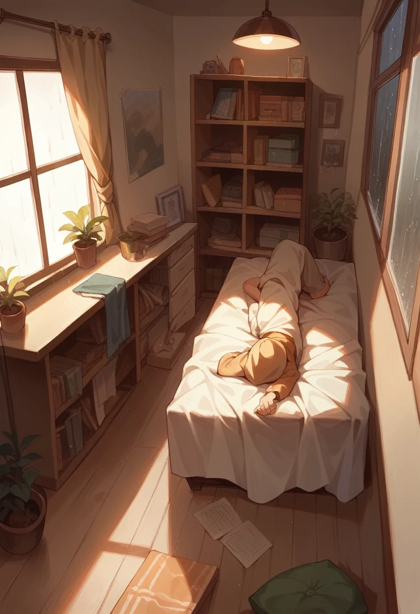 Lofi style room, study night , rain through the window, at night , Boy in hood studying
