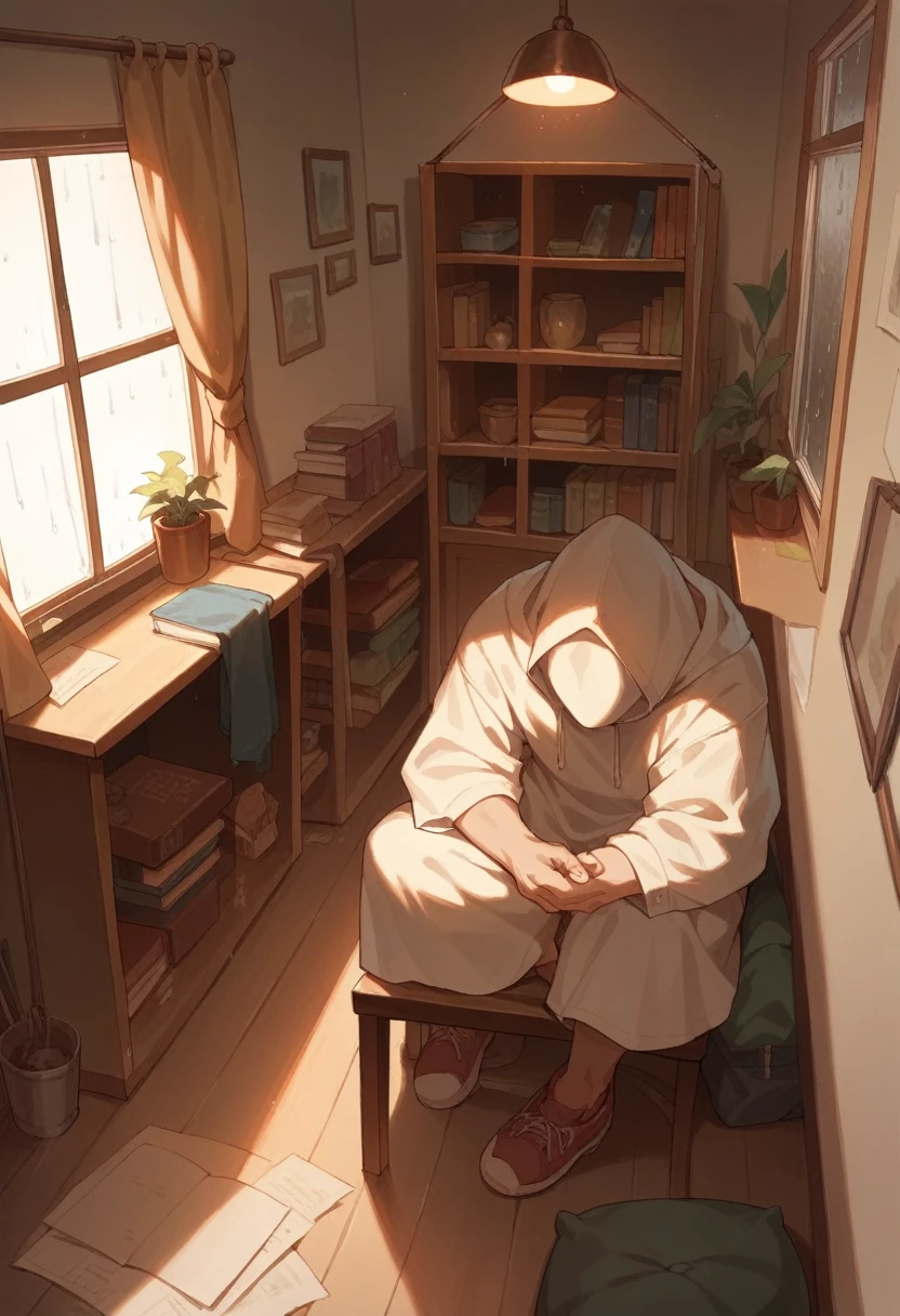 Lofi style room, study night , rain through the window, at night , Boy in hood studying