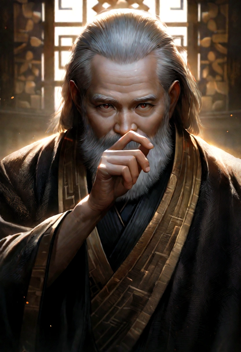 Old Buddhist monk, half-body stance, bearded, hand raised in gesture that simbolize the number 3, calm gaze meeting viewer's eyes, distant composition, intricate robes with realistic textures and soft ambient lighting, digital painting, ultra high definition, dramatic natural light, fine detail.