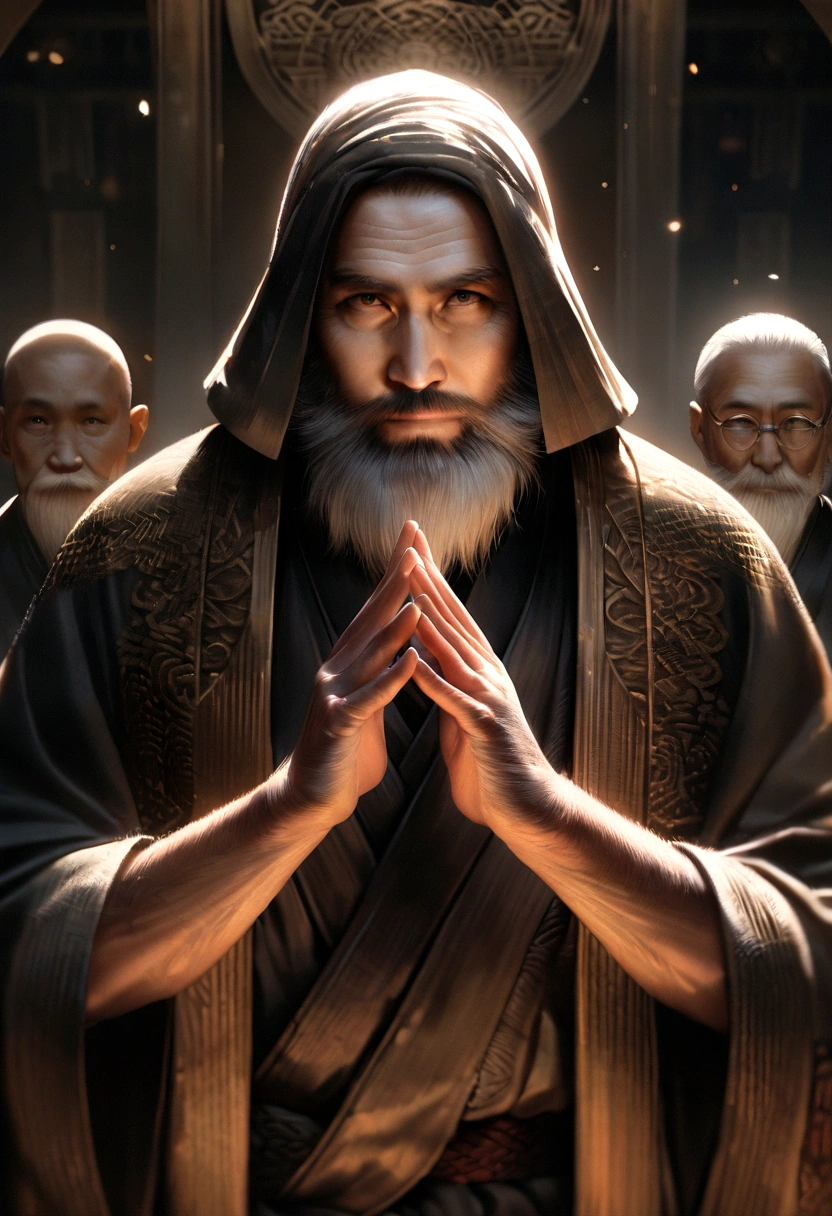 Old Buddhist monk, half-body stance, bearded, hand raised in gesture that simbolize the number 3, calm gaze meeting viewer's eyes, distant composition, intricate robes with realistic textures and soft ambient lighting, digital painting, ultra high definition, dramatic natural light, fine detail.