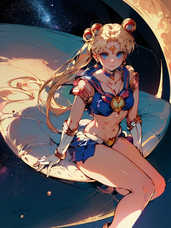 masterpiece, highest quality, High Resolution, Month 1, 1 girl, alone, ((Sailor Moon:1.3)), Usagi Tsukino, blonde, Magical girl, blue eyes, Elbow hand pockets, tiara, ((bikini:1.5)), choker, White gloves, jewelry, Earrings, smile, The background is space (Amazing details, Excellent lighting, Wide-angle), full moon,