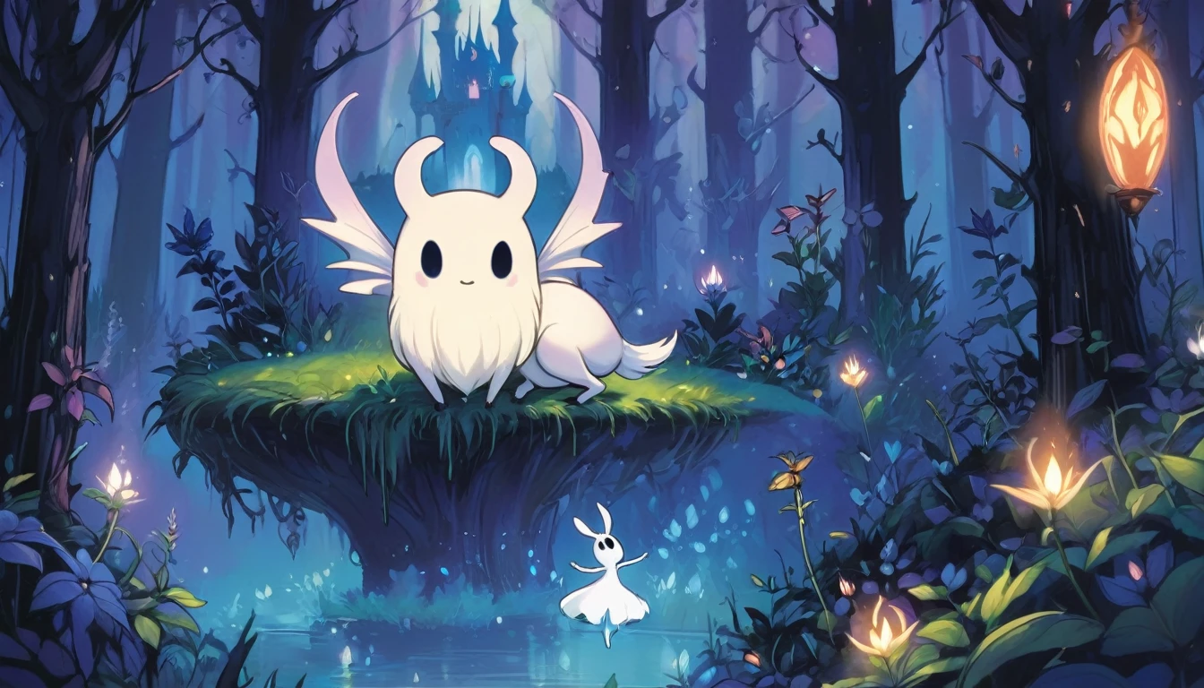 Cartoon image of a dark castle with a ghost in the middle, Hollow Knight concept art, portrait of Hollow Knight, Hollow Knight style, Hollow Knight, ( ( ( ( ( and Mumford ) ) ) ) ), the knight from Hollow Knight, Hollow Knight screenshot, el bosco and and Mumford, studio ghibli and and Mumford, hornet from Hollow Knight, Macbeth Poster.