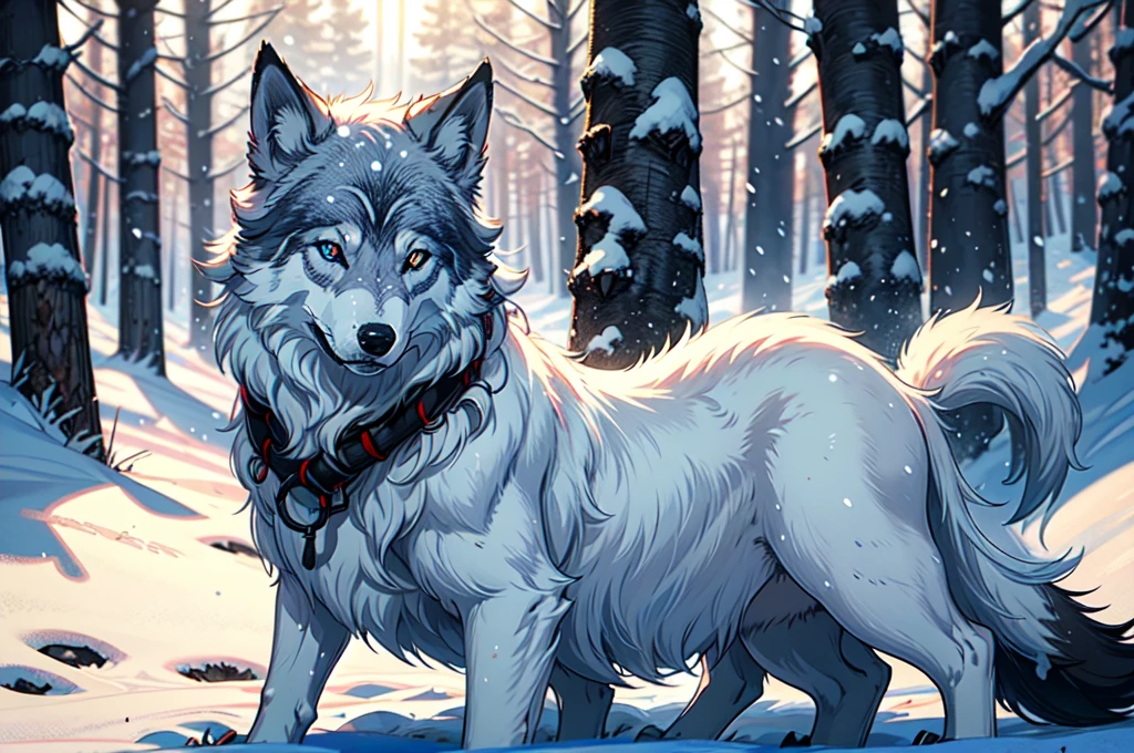 no human, female winter wolf, piercing blue eyes, white fur, Setting is a Scandinavian forest in winter, snow, Highly detailed, looking at viewer, slender