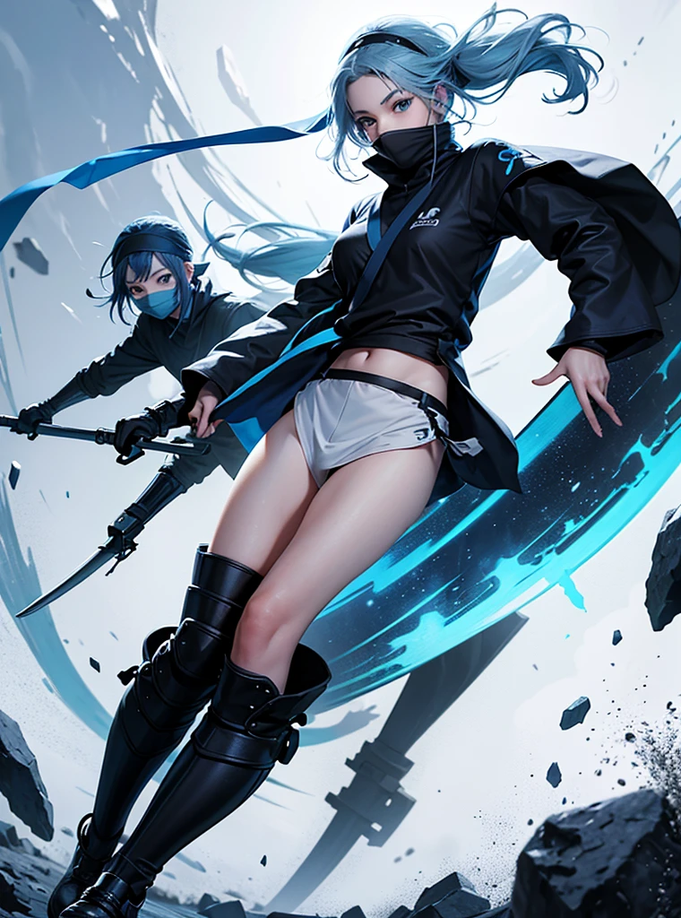 A girl with blue hair and long blue eyes with a happy face, her clothes are white ninja and black lines, she wears a bandana on her forehead, full body wallpaper ninjas