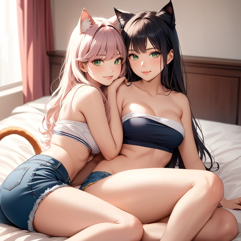 Sexy Posing, Female, 30 years old, cute, eyeliner, long hair, biting lip smile, tube top, jean shorts, bedroom eyes, catgirl, cat ears, living room background, 8k, hi res, (best quality, masterpiece), green eyes, lying in bed, cat tail, Duo