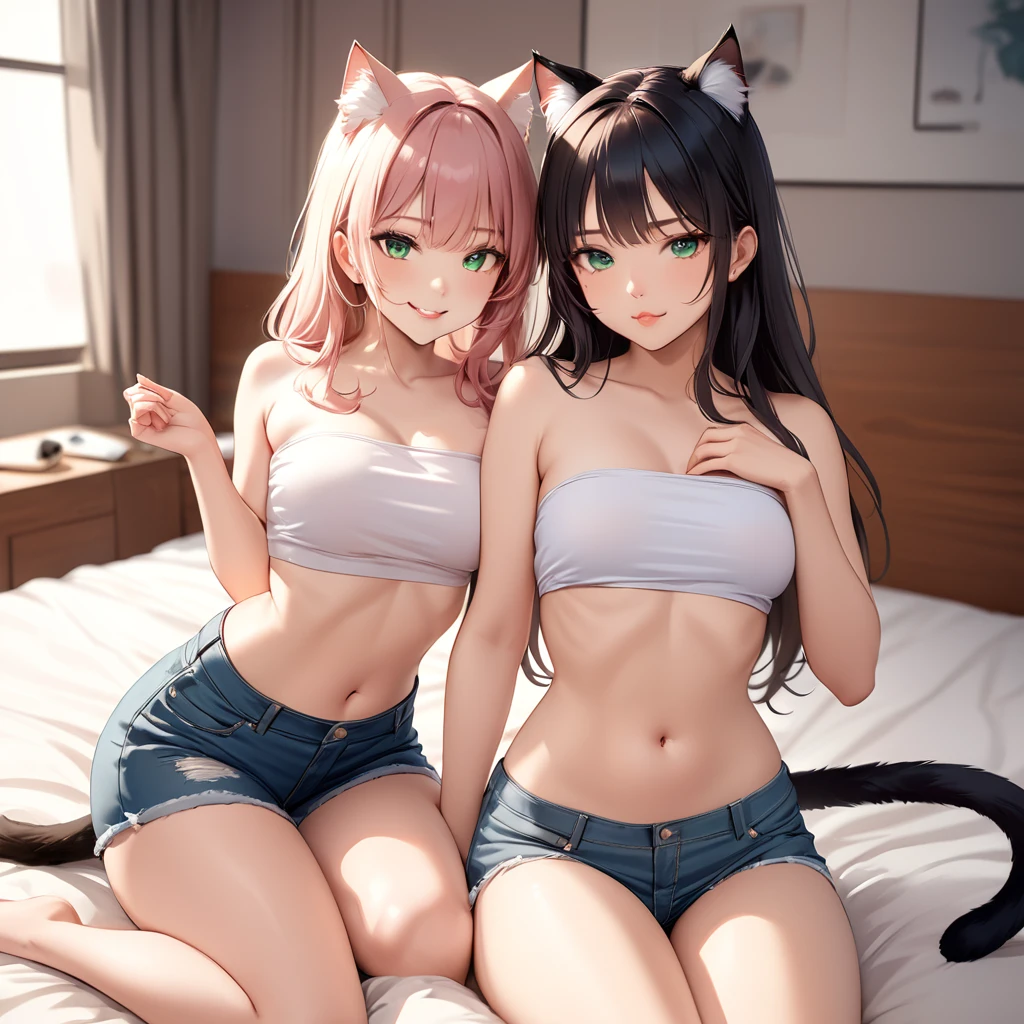Sexy Posing, Female, 30 years old, cute, eyeliner, long hair, biting lip smile, tube top, jean shorts, bedroom eyes, catgirl, cat ears, living room background, 8k, hi res, (best quality, masterpiece), green eyes, lying in bed, cat tail, Duo