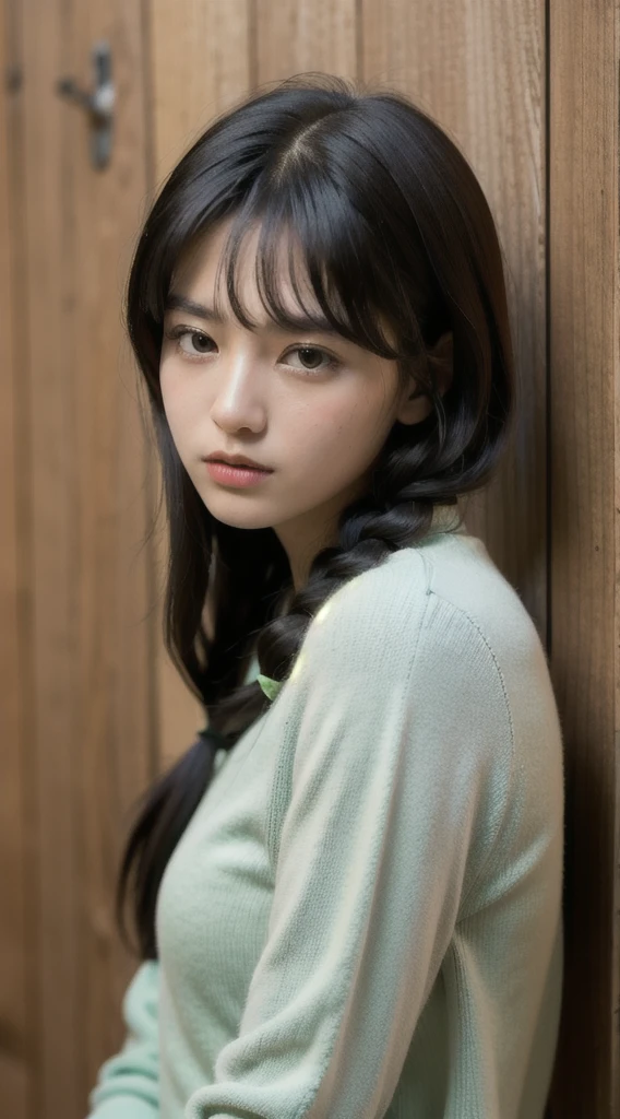 uniform. She has long black hair styled in two braids, with straight bangs across her forehead. The girl has large, dark eyes and a small, delicate nose. Her expression is neutral, looking directly at the camera. The background shows a dark blue wooden wall with some green ivy or vine leaves visible to the side. The lighting is soft and natural, creating a slightly moody atmosphere. High-resolution image with sharp focus on the face