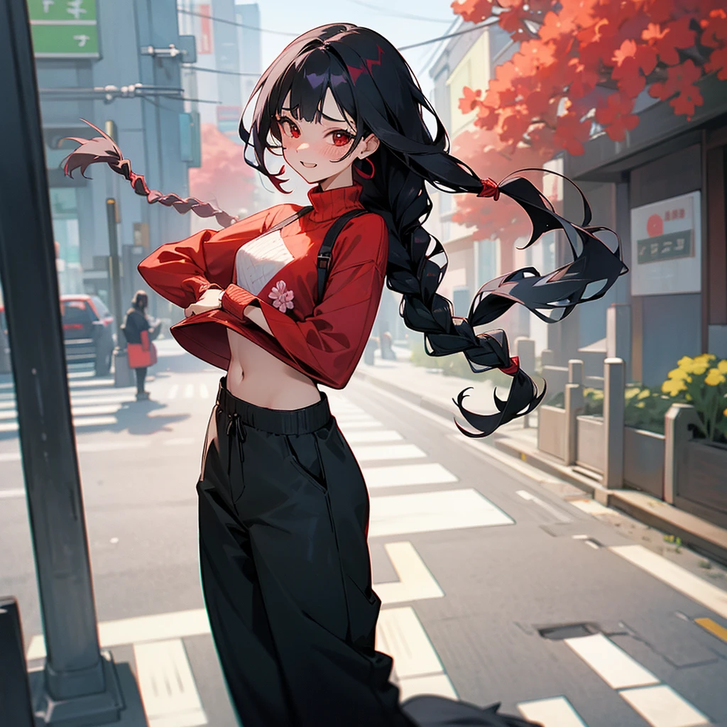 1female, sexy, young , finely detailed red eyes, wild long hair, braided hair, flower in hair, black hair color, crop top sweater, baggy pants, standing on streets, day time, tokyo streets, excited expression, flowers, blushing