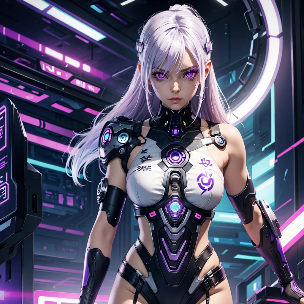 Cyborg girl with purple eyes and white hair, in cyberpunk style