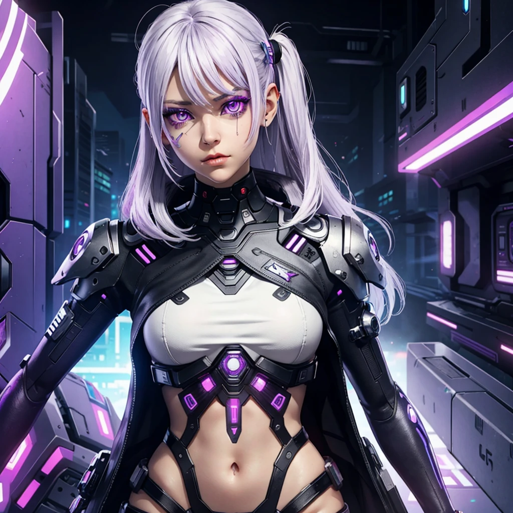 Cyborg girl with purple eyes and white hair, in cyberpunk style