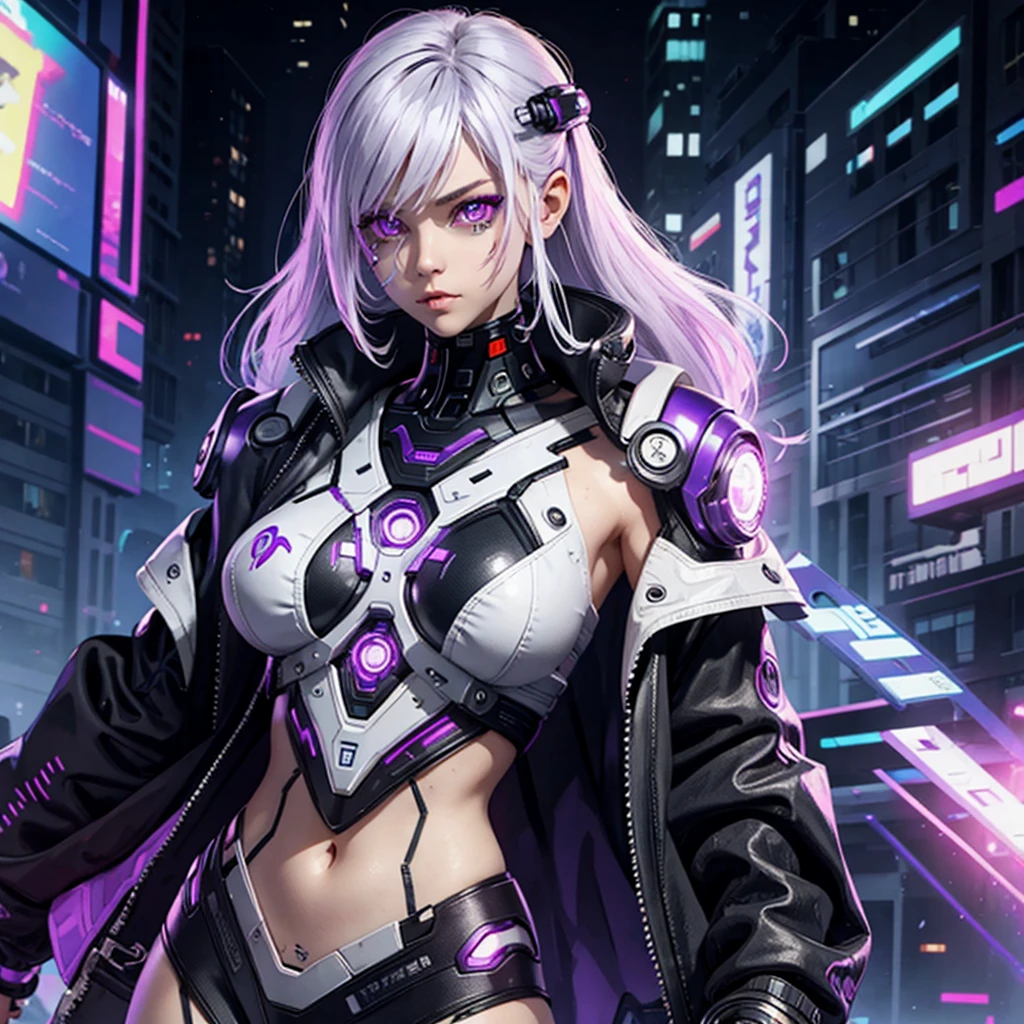 Cyborg girl with purple eyes and white hair, in cyberpunk style