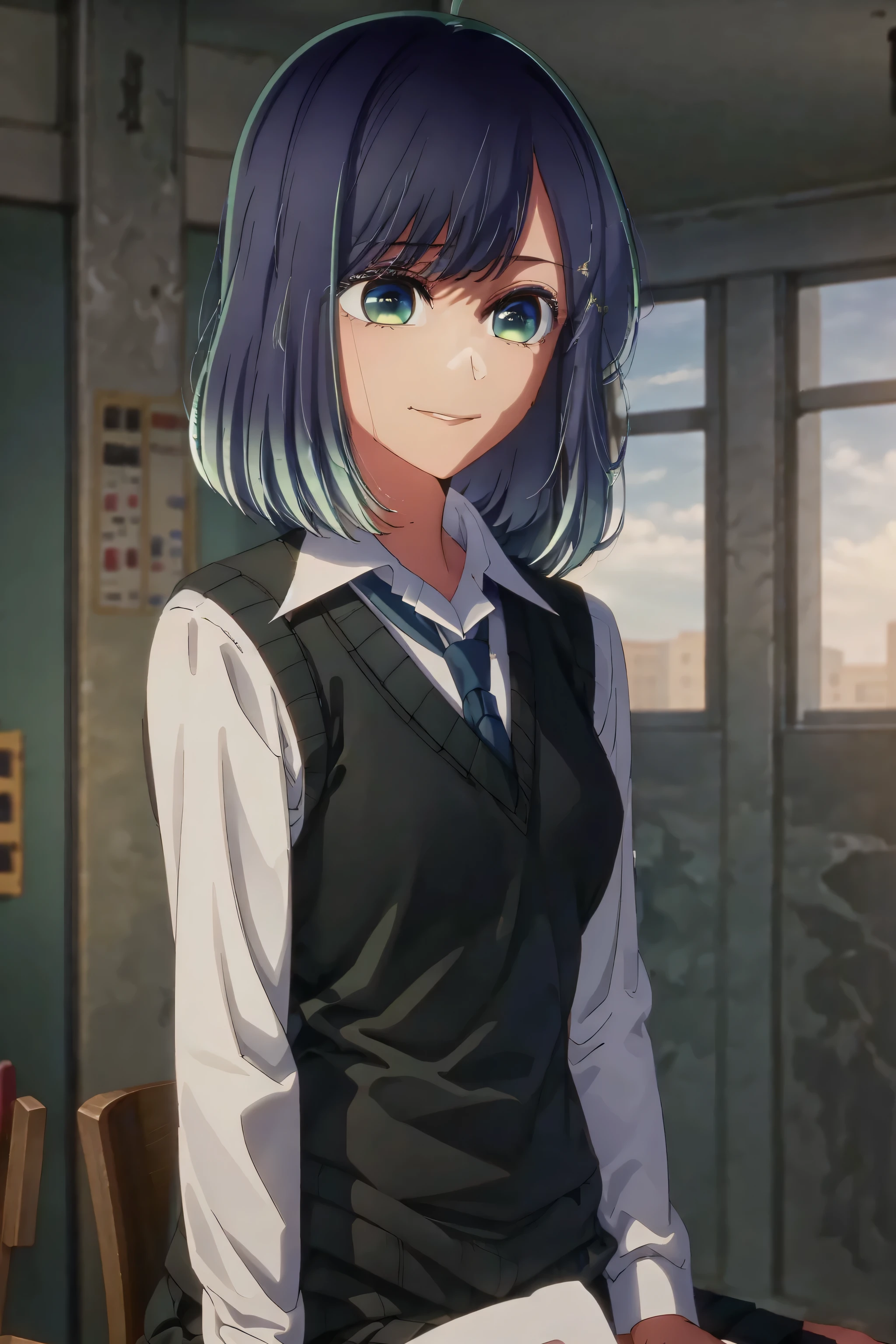 best quality, masterpiece, 1 girl, alone, beautiful, detailed eyes, shirt, blue tie, blue hair, white shirt, long sleeves, medium hair, collared shirt, vest, indoors, , bangs, vest, closed mouth , smile, green eyes, multicolored hair, black vest, short hair, bleached hair, blue eyes, sitting in a chair, classroom