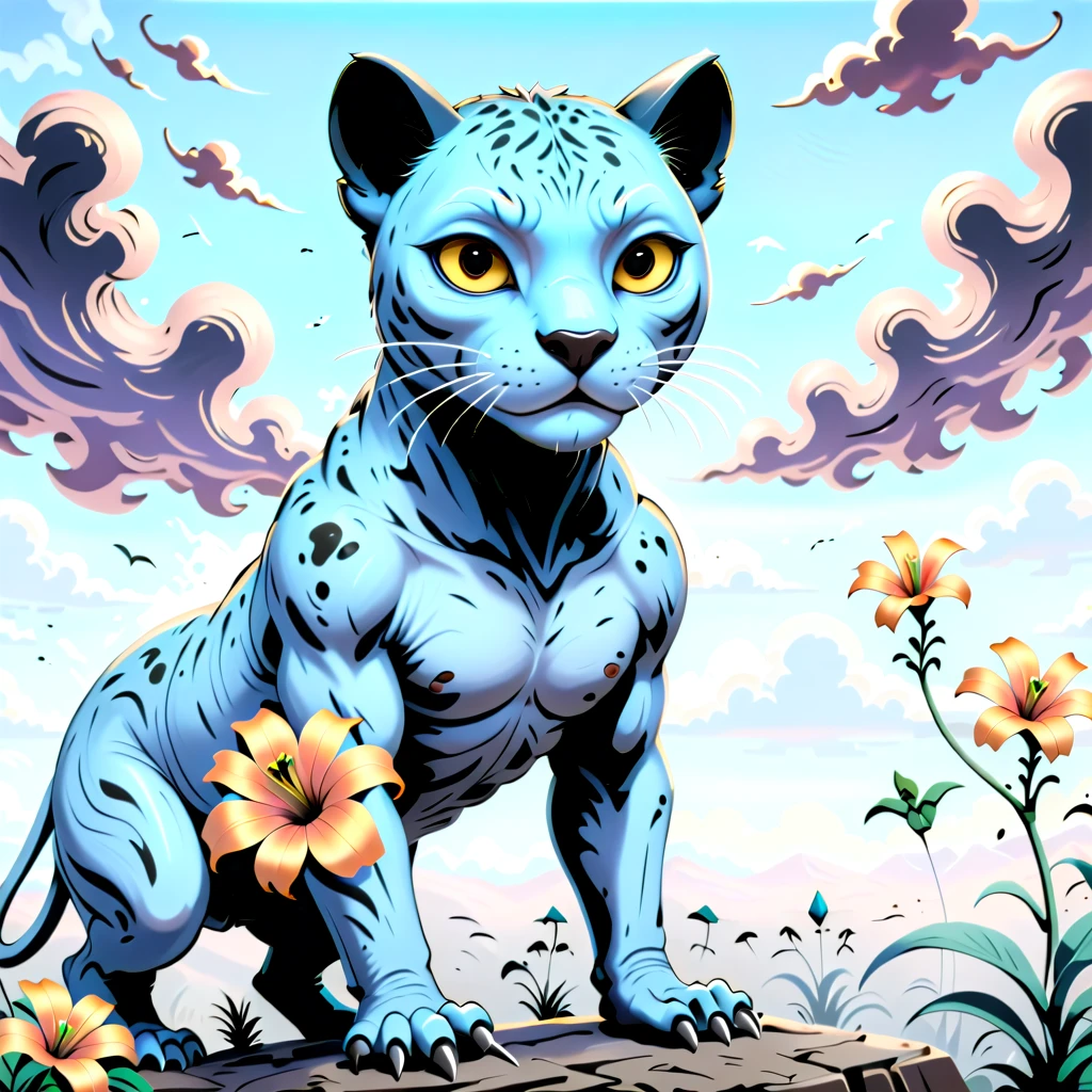 A realistic painting. A big black panther and behind a Lilium michiganense. it is a sunny day with a few clouds on the sky. ((Style salvador dali)))