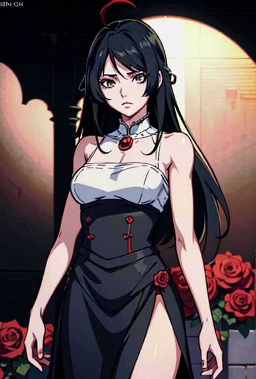 Anime girl with long black hair and a white dress with red roses, Strong, Strong on pixiv artstation, Detailed digital anime art, Beautiful anime girl, Strong on artstation pixiv, 4K anime style, youths, Beautiful anime picture, Detailed image of an anime girl, Beautiful anime woman, Detailed anime art