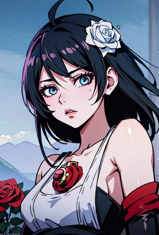 Anime girl with long black hair and a white dress with red roses, Strong, Strong on pixiv artstation, Detailed digital anime art, Beautiful anime girl, Strong on artstation pixiv, 4K anime style, youths, Beautiful anime picture, Detailed image of an anime girl, Beautiful anime woman, Detailed anime art
