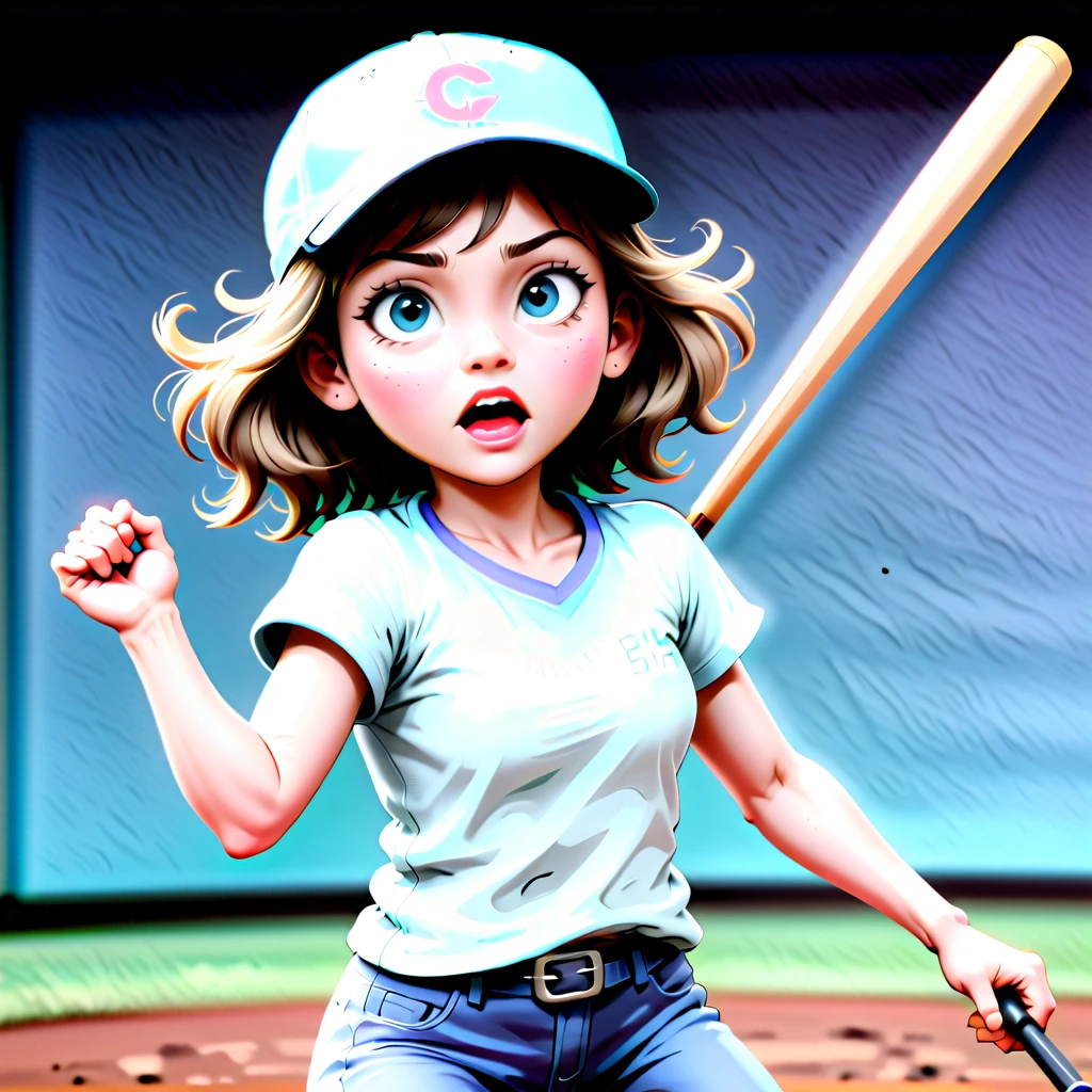 Create a hyperdetailed photorealistic image of a towheaded eight year old tomboy girl with freckles swinging at a baseball with a baseball bat. The look of great effort, determination, and frustration on her face is shown in high definition. The motion of the bat swinging through the air is depicted. She is wearing a baseball cap slightly askew. Her expression is humorous with her tongue sticking out the corner of her mouth as she concentrates.