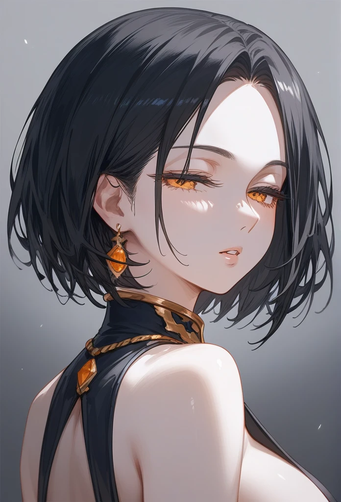 masterpiece, Score_9, Score_8_up, Score_7_up, rear view, 1 woman, alone, dark black hair, very short hair, long parted bangs, gold and orange eyes, half-closed eyes, parted lips, expressionless, pale skin, large breasts, top body,
long open bangs, with a mole under the mouth, cut style (boy), No bangs.