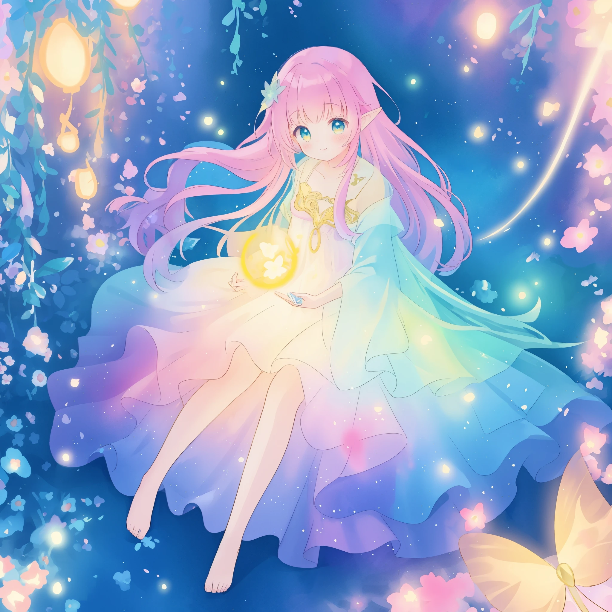 beautiful fairy girl in a flowing colorful dress, long flowing hair, colorful fantasia background, watercolor illustration, disney art style, glowing aura around her, glowing lights, beautiful digital illustration, fantasia otherworldly landscape plants flowers, beautiful, masterpiece, best quality, anime disney style, beautiful face, golden ratio, sharp focus, intricate details