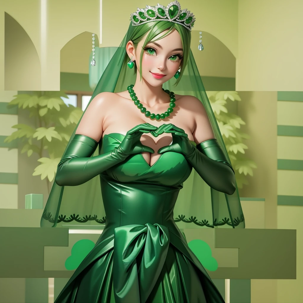 Emerald tiara, Green Pearl Necklace, ボーイッシュな非常に短いGreen Hair, Green Lips, Smiling Japanese woman, Very short hair, Busty beautiful lady, Green Eyes, Green satin long gloves, Green Eyes, Emerald Earrings, Green veil, Heart with both hands, Green Hair, Beautiful Japanese Woman, Heart shaped hands:1.3, green lip gloss
