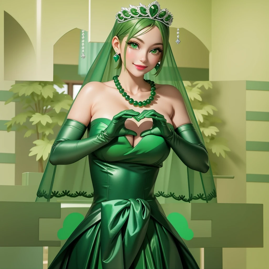 Emerald tiara, Green Pearl Necklace, ボーイッシュな非常に短いGreen Hair, Green Lips, Smiling Japanese woman, Very short hair, Busty beautiful lady, Green Eyes, Green satin long gloves, Green Eyes, Emerald Earrings, Green veil, Heart with both hands, Green Hair, Beautiful Japanese Woman, Heart shaped hands:1.3, green lip gloss