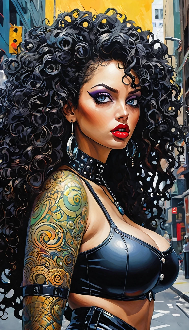 full bodu, urban scene, (1 lady, alone, curvy upper body, large) very beautiful, very sexy, close-up, experiments with appearance: long curly hair, dramatic makeup, unconventional fashion choice behavior: punk, non-conformity, location of provocation: demon eyes, urban art district、 (art inspired by Bill Sienkiewicz, intricate details, oil painting). (best quality,4k,8k,highres,masterpiece:1.2),ultra-detailed,(realistic,photorealistic,photo-realistic:1.37),intricate details,vivid colors,sharp focus,professional,Dave McKean artwork, oil touch of surrealism,oil painting style
