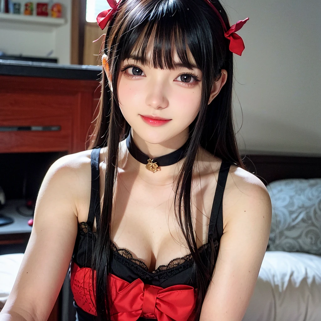 (((red eyes)))、evil smile、pose for a photo, black pigtails, twin tails, trending on cgstation, twin tails hairstyle, beautiful gemini, , Trending on cgstation,(((evil smile)))、(((red eyes)))、(((red dress)))、(((glowing red eyes))),(((sit cross-legged)))