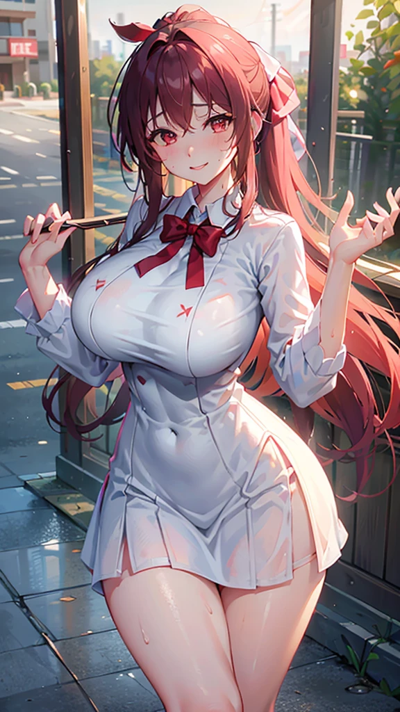 masterpiece: 1.2, best quality), actual, (The real situation, Rich details, Depth of Field), (1 girl, alone), cosmetics, Cleft lip, high detail, Perfect face shape, (Large Breasts: 1.4), (skin dimpling), Thick thighs, Wide hips, thin waist, High target, coral, red lips, Red eyes, ponytail, (Sweat: 1.2), (wet), Sexy, blush, Sweaty,cloudy day,rain,soak,white dress,Mature,PARKING LOT,Smile