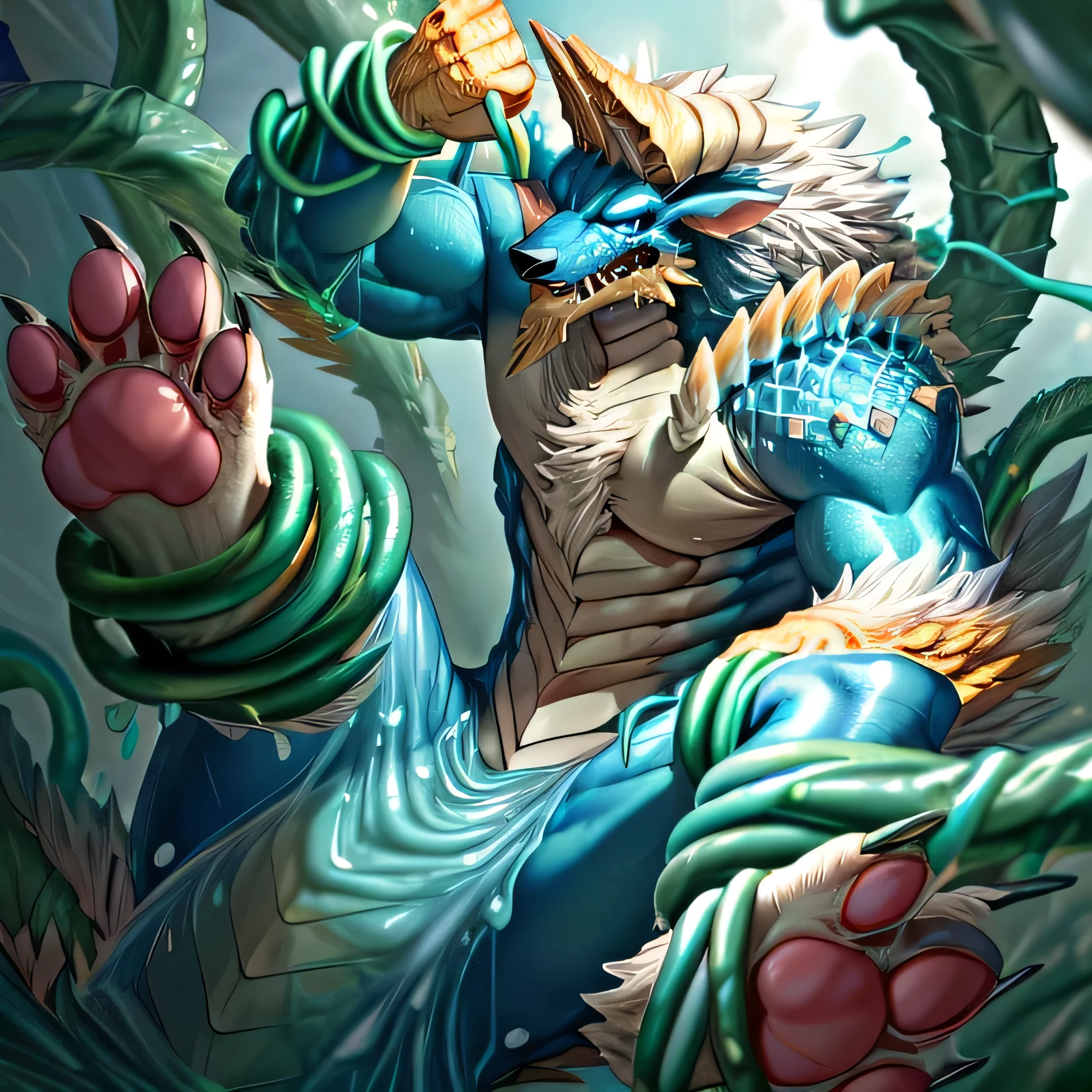 anthropology,(zinogre:1.2),Tail,((whole body,blue eyes, Blue body, White furry, Yellow Hand, Feet, Blue face,4 toes,Tail )),,muscular, whole body, (author：null-ghost,From raccoon21,masterpiece,high quality), Night Fight,((boundary)), rest (((Slime monster uses tentacles to fight dragon))，4 toes，struggle, (pain:1.3)，frown，annoyed, Worry,full body,pawpads,((horns))