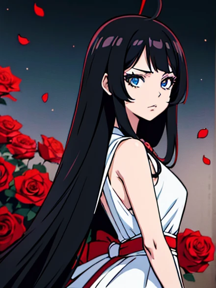 Anime girl with long black hair and a white dress with red roses, Strong, Strong on pixiv artstation, Detailed digital anime art, Beautiful anime girl, Strong on artstation pixiv, 4K anime style, youths, Beautiful anime picture, Detailed image of an anime girl, Beautiful anime woman, Detailed anime art