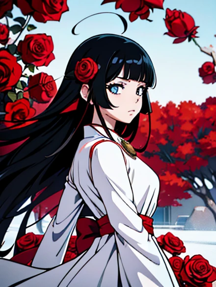 Anime girl with long black hair and a white dress with red roses, Strong, Strong on pixiv artstation, Detailed digital anime art, Beautiful anime girl, Strong on artstation pixiv, 4K anime style, youths, Beautiful anime picture, Detailed image of an anime girl, Beautiful anime woman, Detailed anime art
