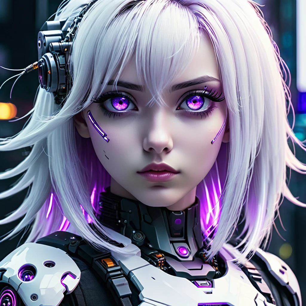 Cyborg girl with purple eyes and white hair, in cyberpunk style