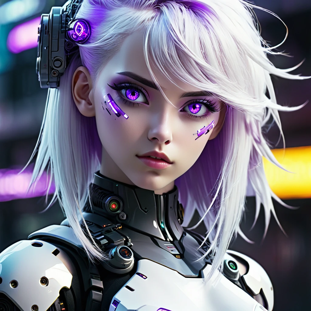 Cyborg girl with purple eyes and white hair, in cyberpunk style