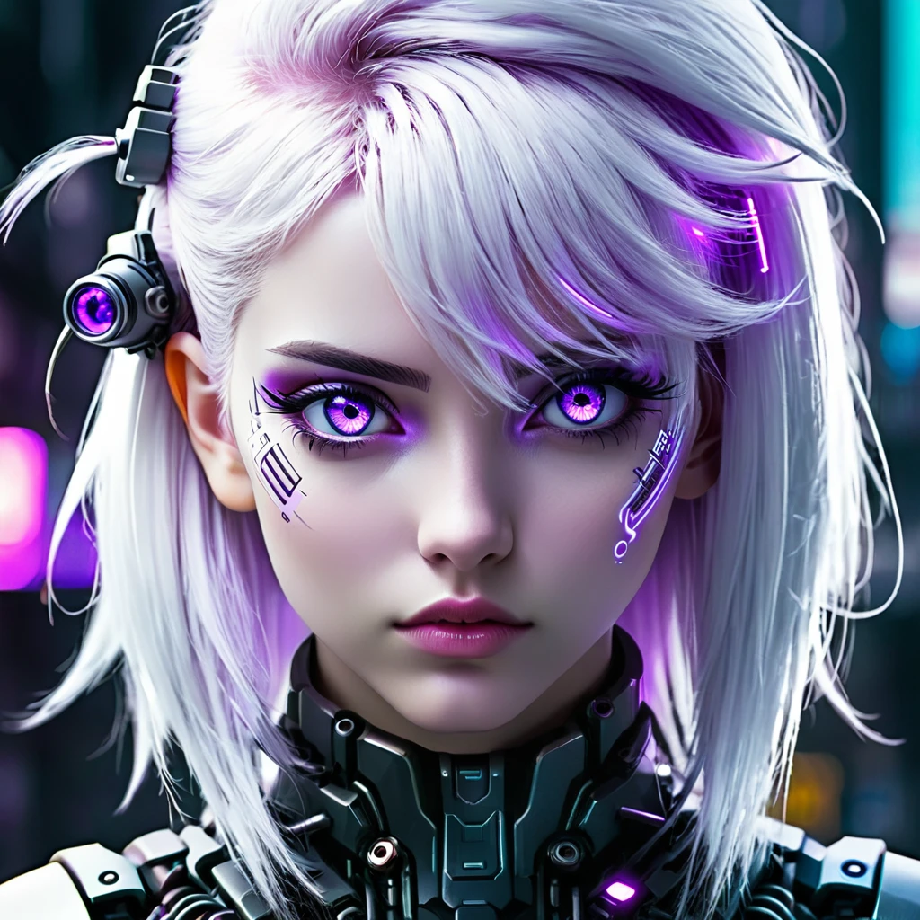 Cyborg girl with purple eyes and white hair, in cyberpunk style