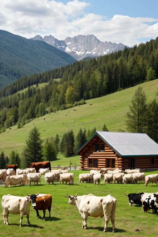 Draw a log house with a herd of cows in the background