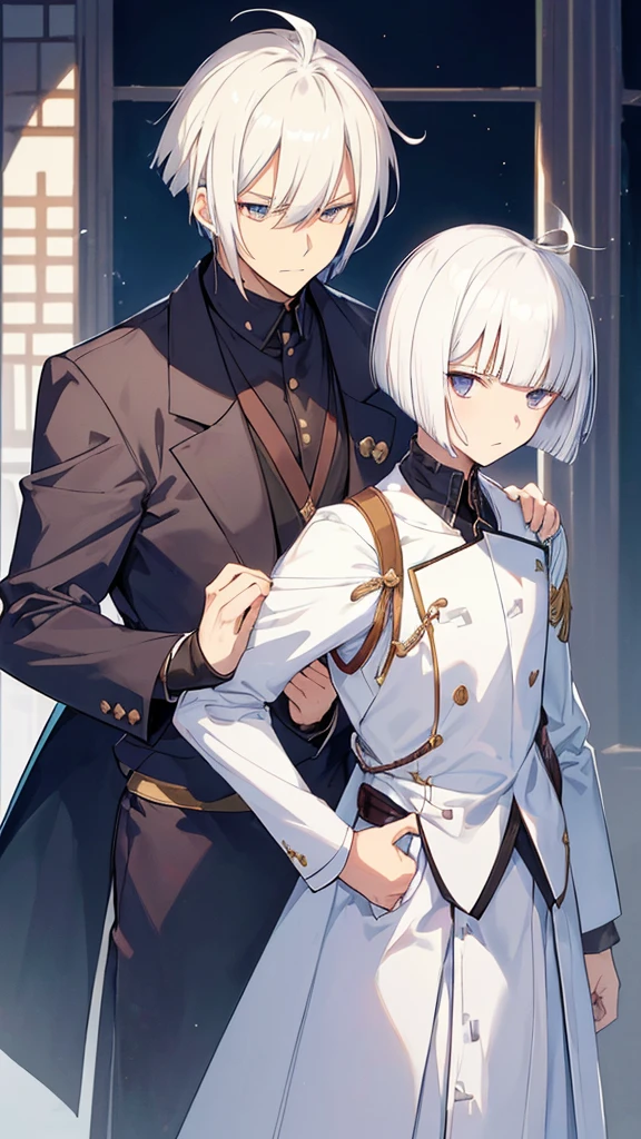 best quality,Japanese animation style adult male,very short hair,Protruding hair,white hair,((((Up-bang and parted into seven thirds)))),hair slicked back,small eyes,slant eyes, white eyes,
stern expression,Tailcoat combat specifications based on white,folding one's arms,((castle room))