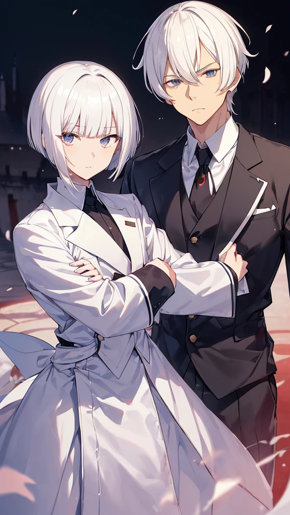 best quality,Japanese animation style adult male,very short hair,Protruding hair,white hair,((((Up-bang and parted into seven thirds)))),hair slicked back,small eyes,slant eyes, white eyes,
stern expression,Tailcoat combat specifications based on white,folding one's arms,((castle room))