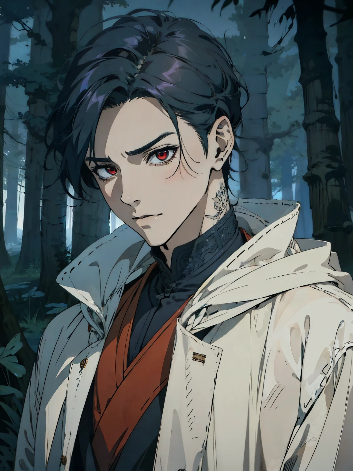 anime - style image of a man in a black coat in a forest, handsome guy in demon slayer art, anime lush john 8k woods, male anime style, handsome japanese demon boy, beautiful androgynous prince, anime handsome man, anime portrait of a handsome man, male anime character, badass anime 8 k, artwork in the style of guweiz, red eyes, mad face, 