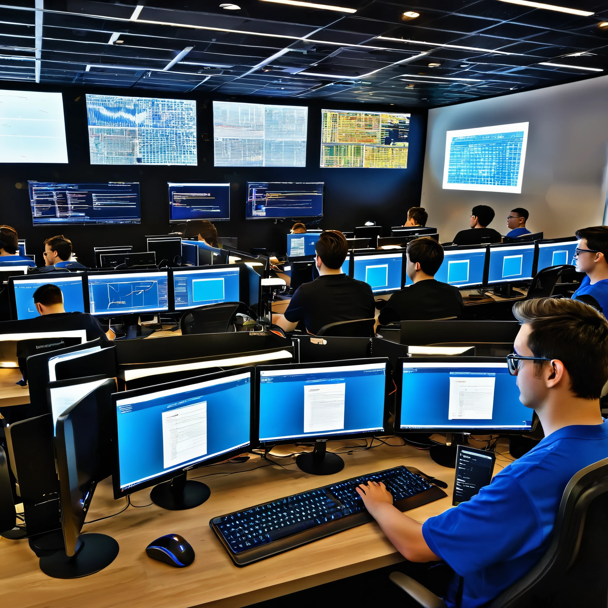 Imagine a photorealistic coding competition in HDR. Render a scene with multiple programmers engaged in a coding challenge, showcasing their intense focus, highly detailed monitors, and the excitement of real-time coding competition.