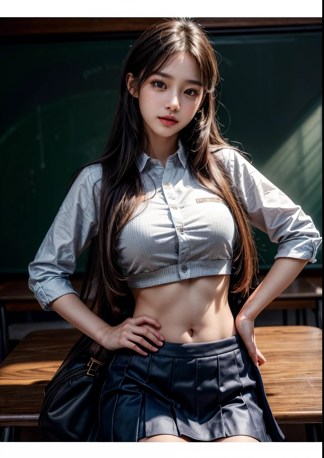 a beautiful Korean young college girl, (((18 years young girl))), detailed face with beautiful eyes and lips, long black hair, stylish hair, hair pin, romantic Eyes, beautiful eyes, smiley face, happy face, glow face, super round young breasts, ((romantic navel)), beautiful realistic knees, glow skin, bright skin, realistic skin, realistic smile, cutest smile, realistic body, one hand playing with hair, another hand on hip angle, Navy blue college uniform, (uniform shirt), college bag, classroom, desk, blackboard, students, youth skirt, detailed youth dress, stylish dress, stylish uniform, stylish skirt, stylish look, stylish angle, photorealistic, realistic, masterpiece, ultra-detailed,8k, (best quality,8k,highres,masterpiece:1.2),ultra-detailed,(realistic,photorealistic,photo-realistic:1.37), highly detailed, cinematic lighting, vibrant colors, warm tones, masterpiece,highres,warm lighting, vibrant colors, soft focus, elegant, cinematic, highly detailed, professional digital art, UHD, Ultra HD, ultra realistic, hyper realistic, ultra sharp, vivid, realistic atmosphere, Beautiful rally atmosphere in background, beautiful background, detailed background, hyper-detailed background, cinematic photography, award winning Photography, Very High Resolution picture quality, full-body shot, 
