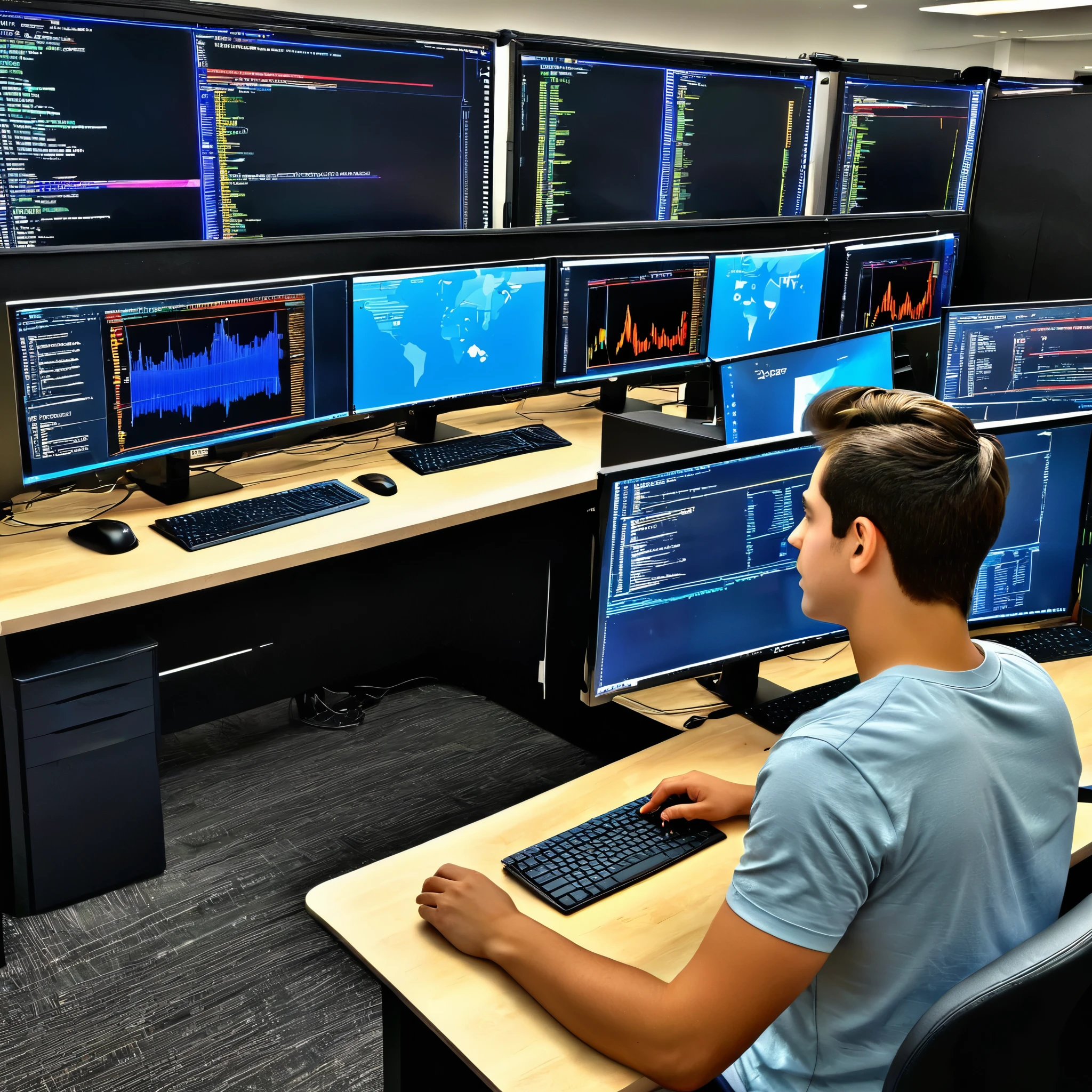 Imagine a photorealistic coding competition in HDR. Render a scene with multiple programmers engaged in a coding challenge, showcasing their intense focus, highly detailed monitors, and the excitement of real-time coding competition.