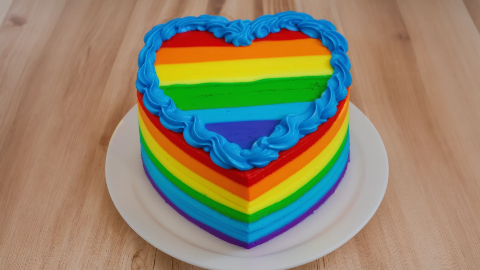 on a wooden table, there is a rainbow cake in the shape of a heart, top blue cream wave, cream texture, Realistic style, realistic texture, bright lighting, high quality, detailed texture, Beautiful light from the window, beautiful lighting, high detail, ultra 4k hd, super clear photo without blur