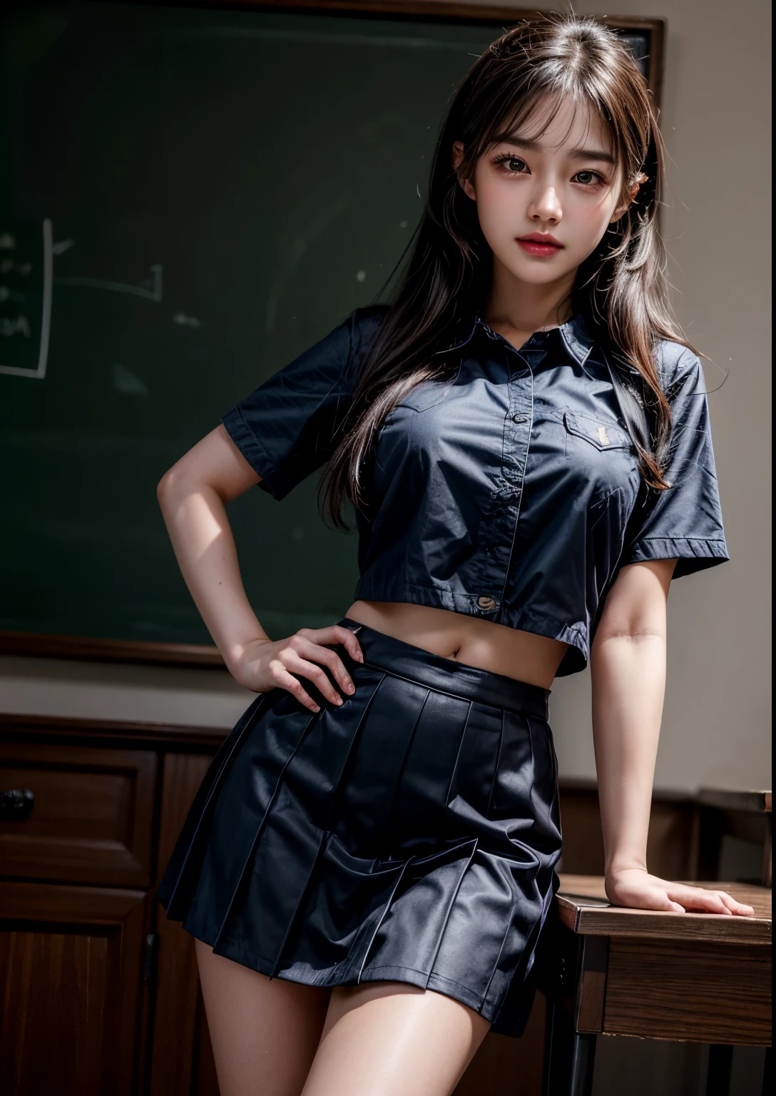a beautiful Korean young college girl, (((18 years young girl))), detailed face with beautiful eyes and lips, long black hair, stylish hair, hair pin, romantic Eyes, beautiful eyes, smiley face, happy face, glow face, super round young , ((romantic navel)), beautiful realistic knees, glow skin, bright skin, realistic skin, realistic smile, cutest smile, realistic body, one hand playing with hair, anothernd on hip angle, Navy blue college uniform, (uniform shirt), college bag, classroom, desk, blackboard, students, youth skirt, detailed youth dress, stylish dress, stylish uniform, stylish skirt, stylish look, stylish angle, photorealistic, realistic, masterpiece, ultra-detailed,8k, (best quality,8k,highres,masterpiece:1.2),ultra-detailed,(realistic,photorealistic,photo-realistic:1.37), highly detailed, cinematic lighting, vibrant colors, warm tones, masterpiece,highres,warm lighting, vibrant colors, soft focus, elegant, cinematic, highly detailed, professional digital art, UHD, Ultra HD, ultra realistic, hyper realistic, ultra sharp, vivid, realistic atmosphere, Beautiful rally atmosphere in background, beautiful background, detailed background, hyper-detailed background, cinematic photography, award winning Photography, Very High Resolution picture quality, full-body shot,