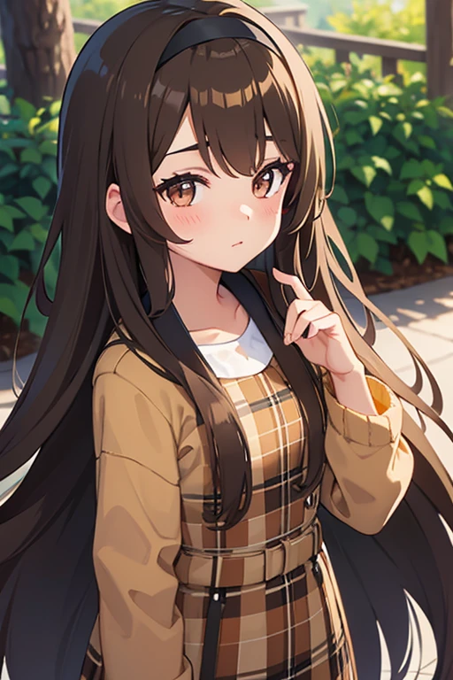 Create a ager with long brown hair and wavi dd with a black headband and a thin brown plaid with big, honey-colored eyes.