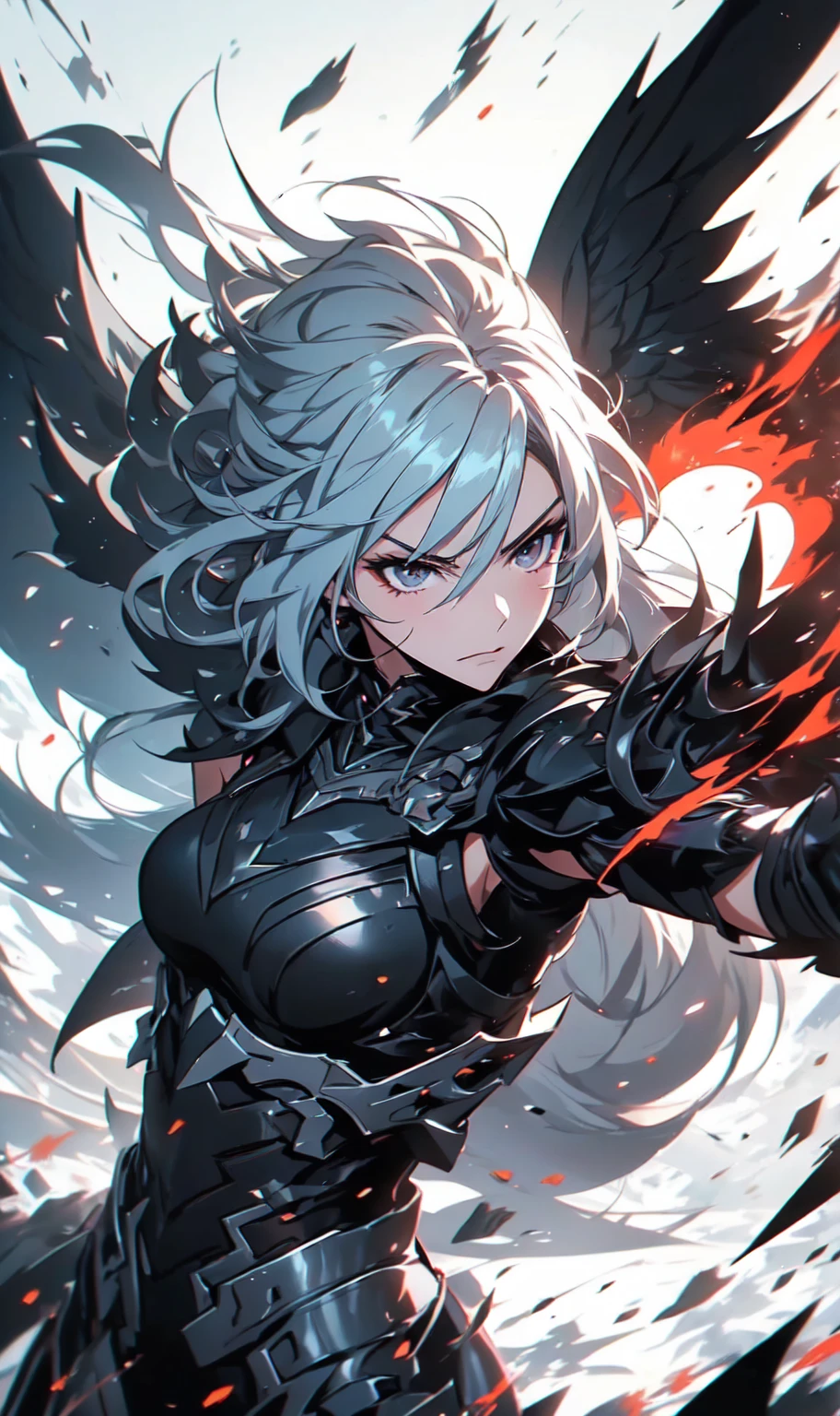 1girl, solo, anime, anime girl,((masterpiece)), HDR, 8k, photogenic, trending on artstation, ((ultra-detailed)), ((best quality)), ((intricate details)), white hair, black wings, from arknights, middle shot of a female anime hero, artgerm and atey ghailan, arknights, in combat, dynamic, dynamic pose, dynamic composition, attack, fate grand order, anime style like fate/stay night, senti, black eyes, white hair, poinytail, mature, (anger, tsurime:1.33), cursed armor, high tech armor, black armor, stealthtech ,scifi ,cutting edge , sleek angular, flames, destruction, world on fire, apocalyptic mass destruction