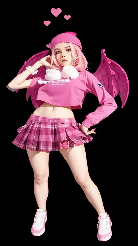 A beautiful slim full body, wearing a pink cropped top, with pink wings, with a short pink skirt, with a pink cap on her head, straight pink hair, with pink sneakers and hearts floating above her head