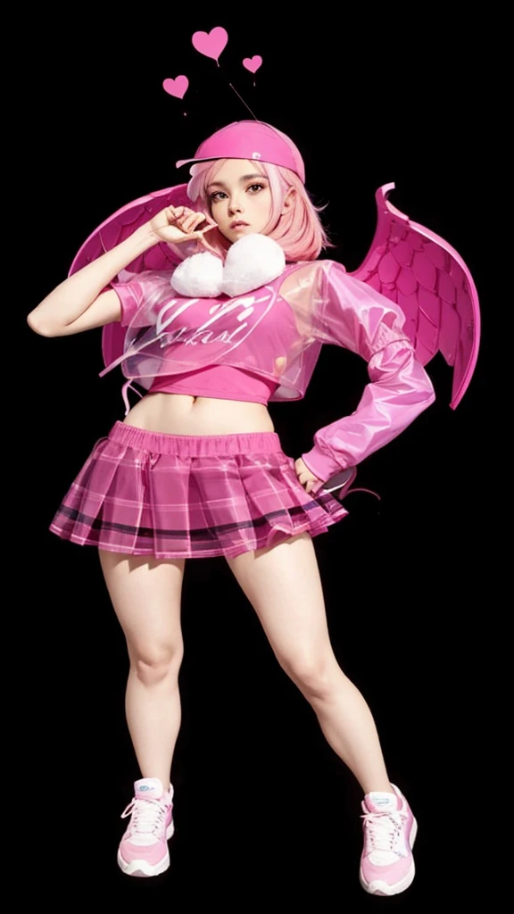 A beautiful slim full body, wearing a pink cropped top, with pink wings, with a short pink skirt, with a pink cap on her head, straight pink hair, with pink sneakers and hearts floating above her head