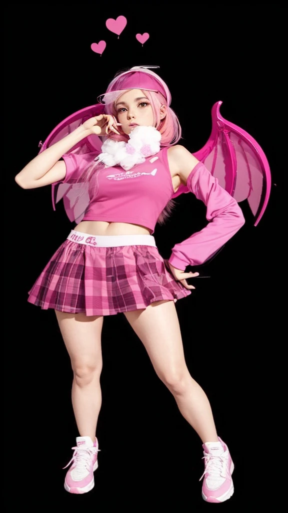 A beautiful slim full body, wearing a pink cropped top, with pink wings, with a short pink skirt, with a pink cap on her head, straight pink hair, with pink sneakers and hearts floating above her head