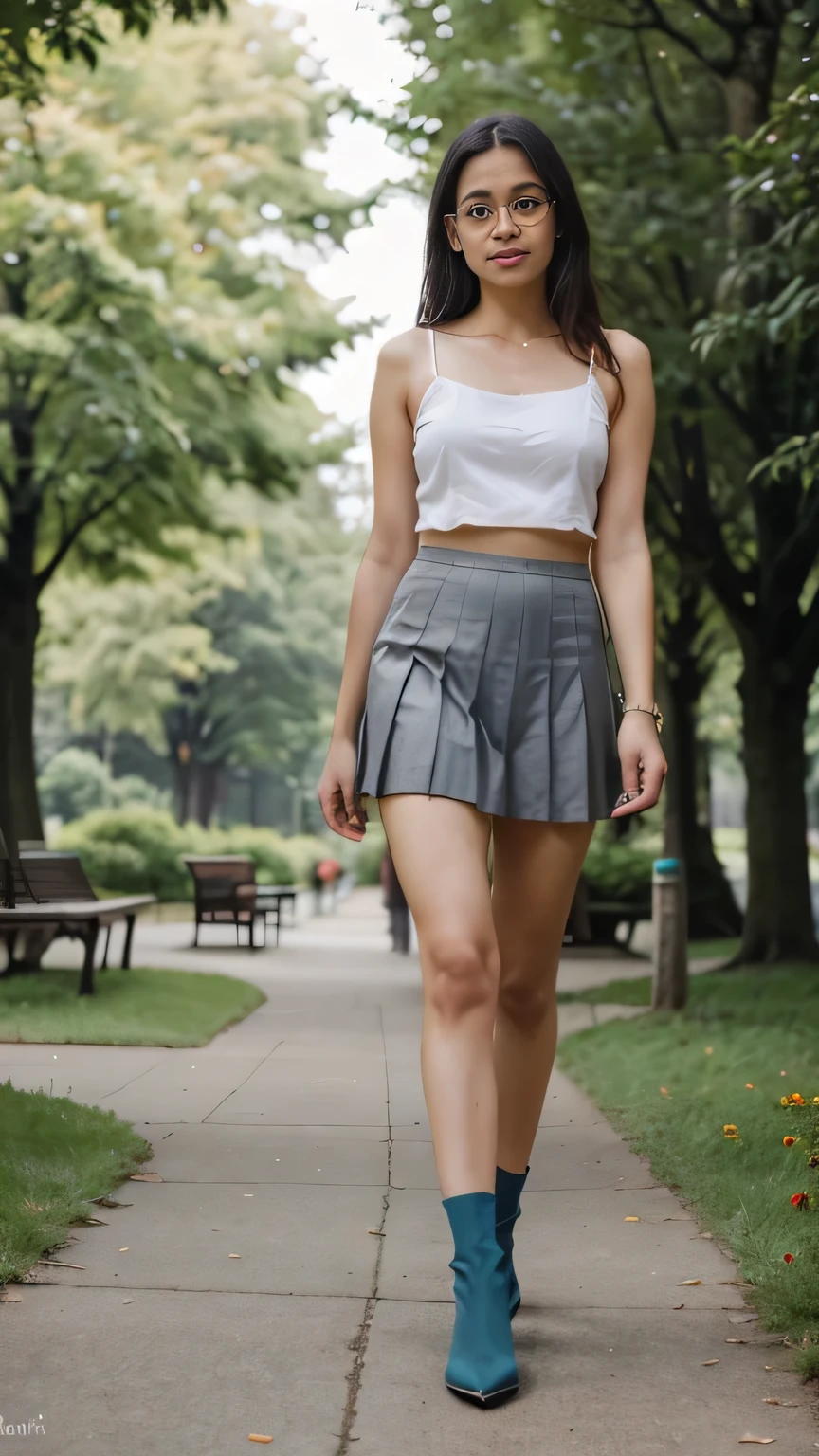 Photorealistic, (full body shot:1.3), wide angle, (seen from below), an Indian young woman walking through a city park, wearing a satin camisole, pleated mini skirt, and ankle boots. A hyperrealistic beautiful young girl with grayish blue eyes in glasses, natural sagging breast, high detailed official artwork, beautiful girl with a slim fit body and busty posture, long legs, attractive young woman, (elegant walking pose:1.3), in a lush green park setting with trees and flowers, dubnitskiy david fanart, realistic portrait, smooth photorealistic, perfect visual of a cute girl, cute girl with skinice soft face, face focus, makoto shinkai and artgerm, photon mapping, natural light, warm color tones, vivid colors, cool ambient.