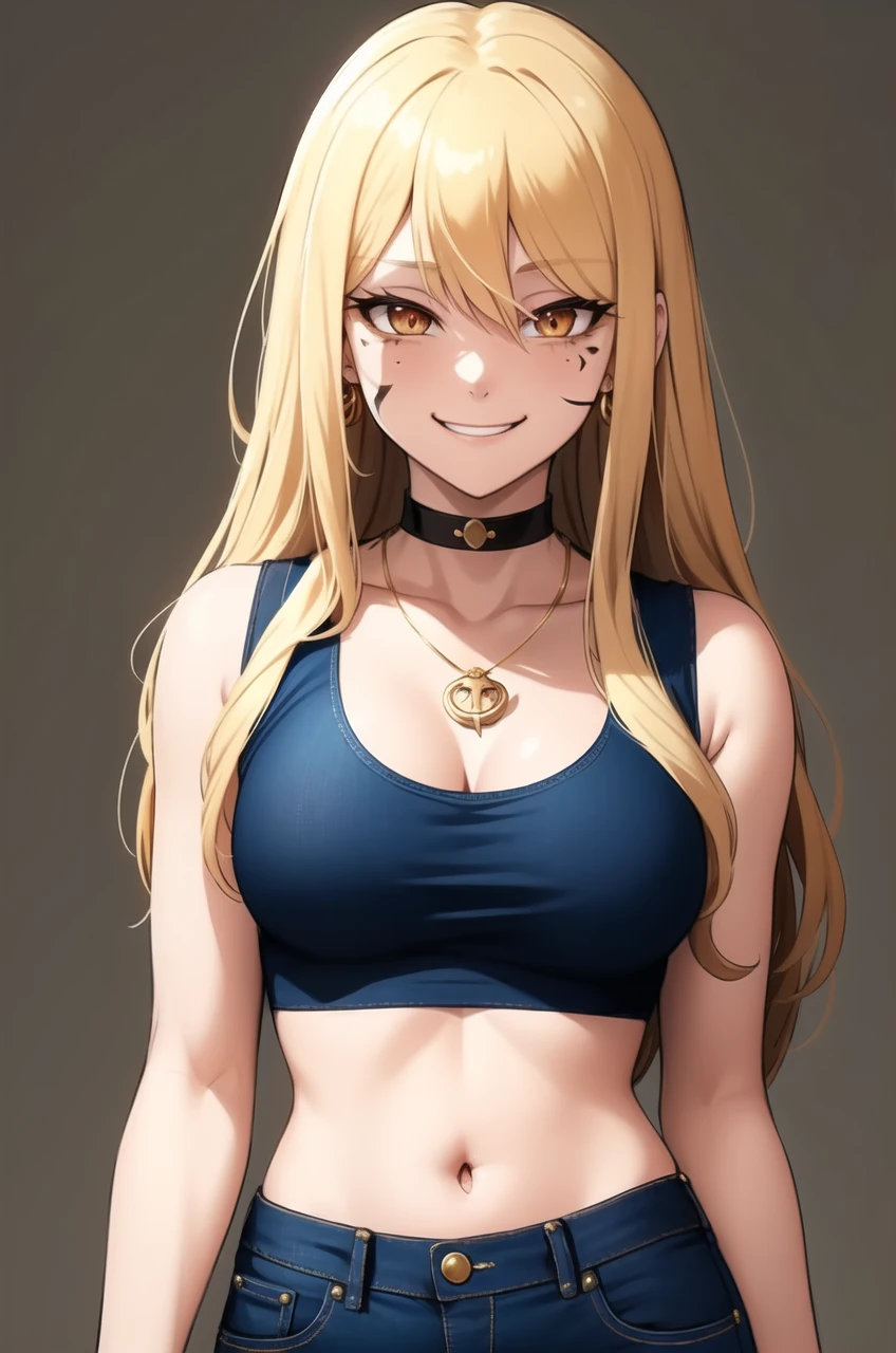 A blonde female character with long, snake-like hair resembling Medusa’s, and bangs over her eyes, smiling with a flushed face. She has red-tinted eyes and wears a black choker, gold bracelets, gold earrings, and a necklace. The character is dressed in a tight white tank top that emphasizes her bust, which has a beauty mark on it, and she wears blue denim shorts with a small accessory tucked in.