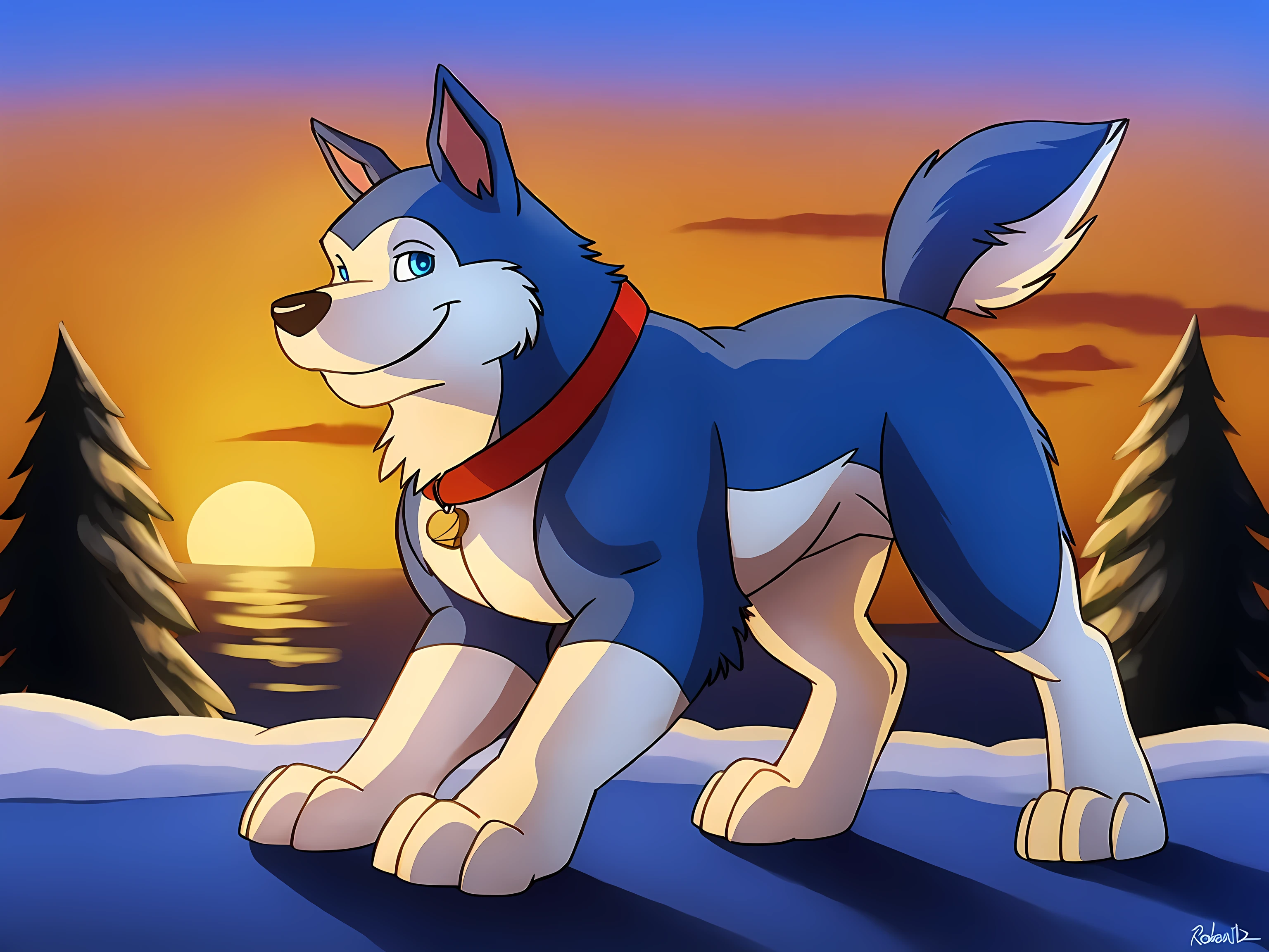 Exile (Road Rovers), blue fur, white fur, feral body, feral:1.4, pointy ears, dog, solo, full body:1.2, muscular, muscular forelegs, muscular hindlegs, red dog collar, pet tag coin, high quality, best resolution, cel shaded, (blue eyes, detailed eyes):1.1, winter background, clear sky, sunset, by wfa, by rossciaco, by seibear, by fabfelipe, smile, happy, paws